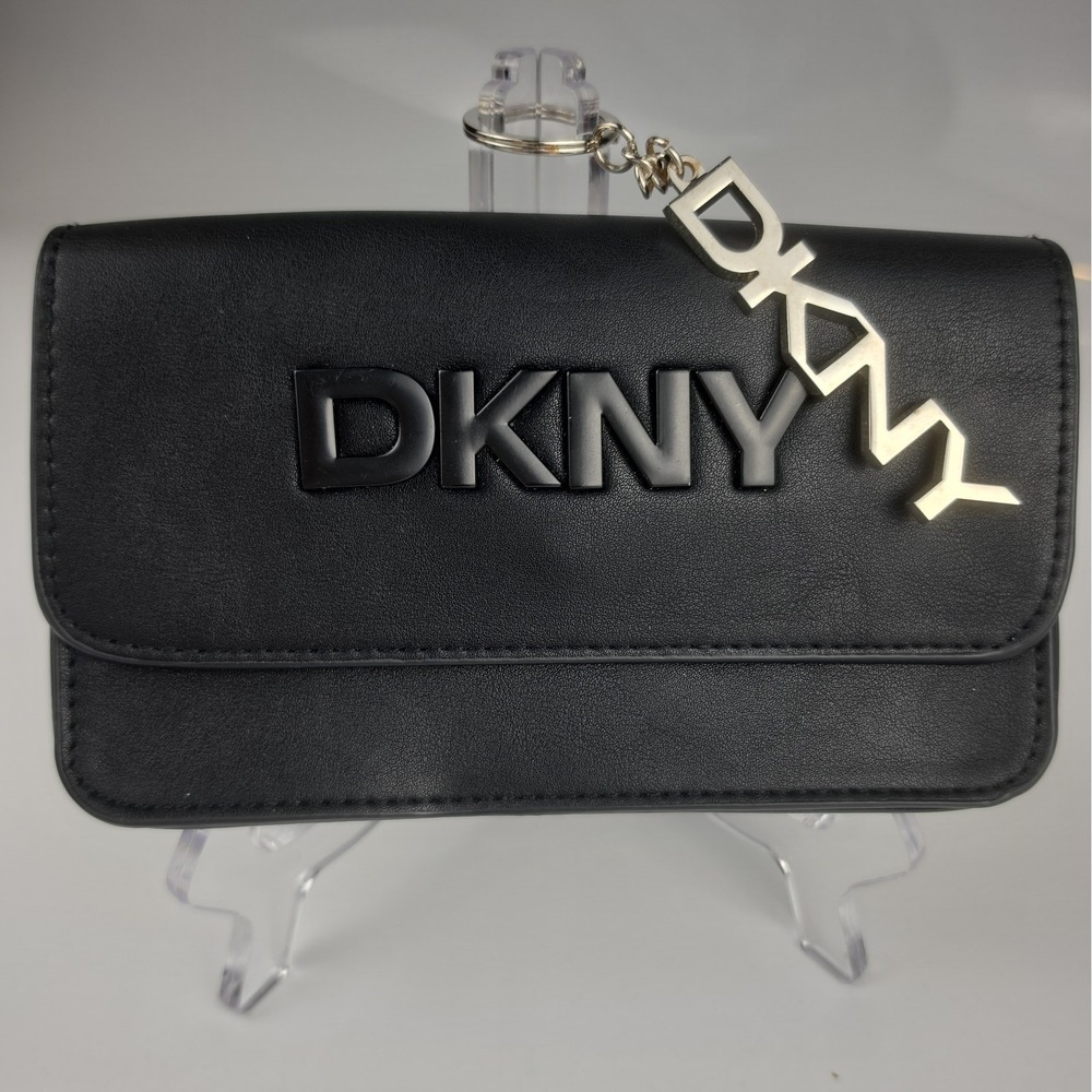 DKNY Black Belt Bag Fanny Pack Waist Pouch Faux Leather Logo w/ Keychain